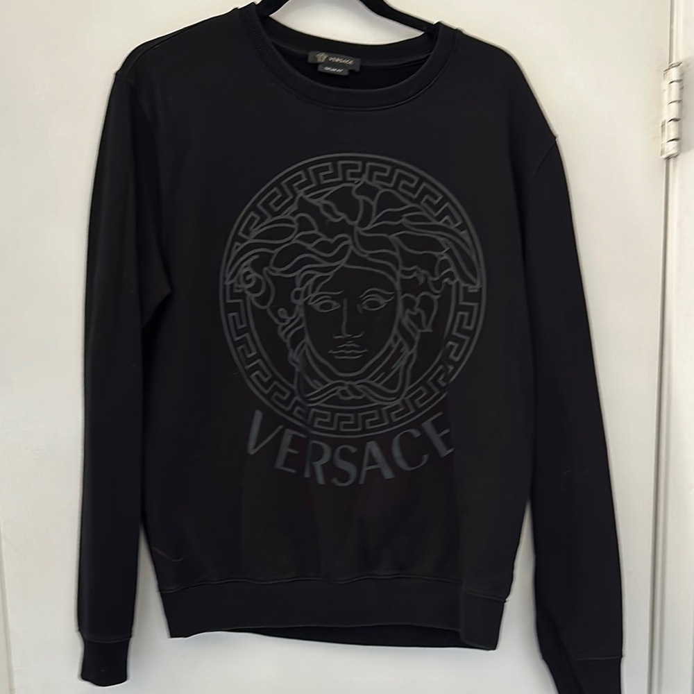 Versace Black Crewneck Sweater with Textured Emblem